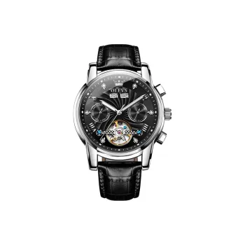 OLEVS Play The Cool Series Mechanical Movement Leather Strap Watch Men's Watches Black Dial