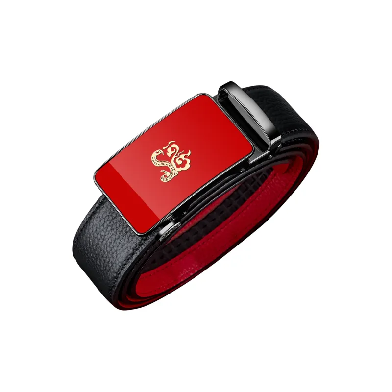 WilliamPOLO Cow Leather Leather Belts Men's Gold Tone Lock/Black Outer And Red Inner With Gunmetal Buckle Width  3.5cm-10