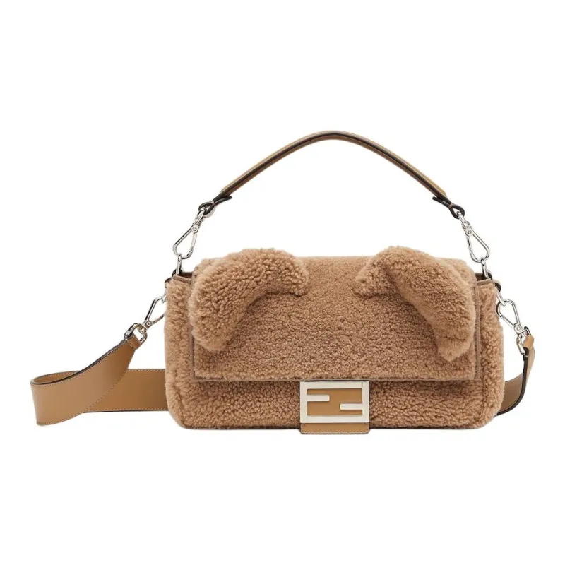 FENDI Baguette Sheep Wool Shoulder Bag Crossbody Bag Handbag Men's Beige-0