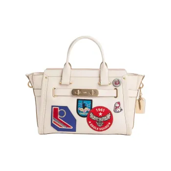 COACH Swagger Litchi Grain Leather One Shoulder Handbags Large Size Women's Gold & White Beige