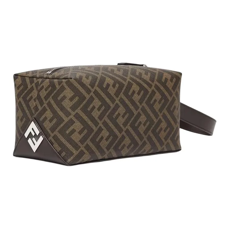 FENDI FF Cotton Makeup Bag Men's Brown-1