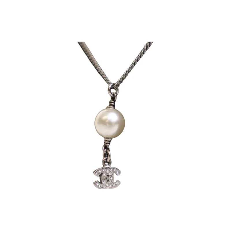CHANEL 2007 Faux Pearl Cc Rhinestones Pendant Costume Necklace-1