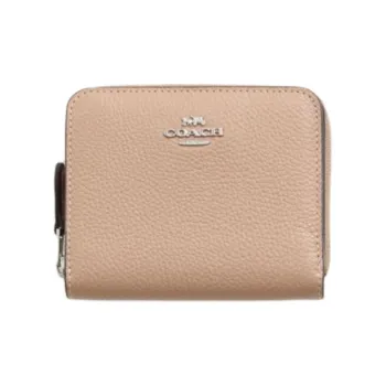 COACH Polished Litchi Grain Leather Wallet Mini Women's Silver & Taupe