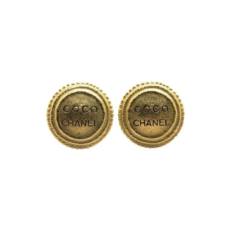 CHANEL 1994 Plated Logo Engraved Button Clip On Earrings Costume Earrings-0
