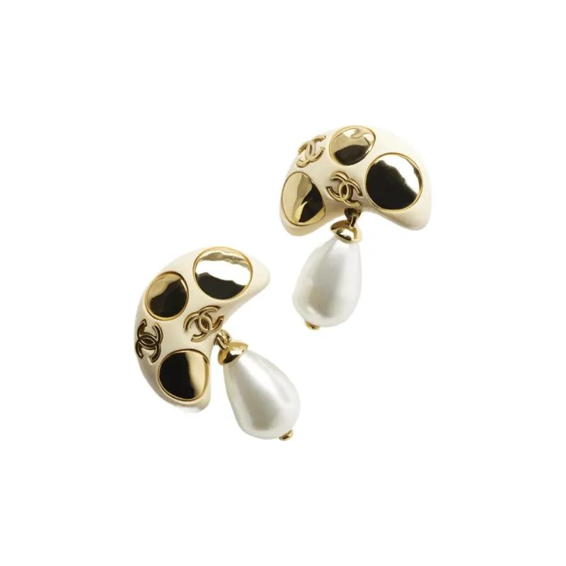 CHANEL Metal Resin Glass Pearl Earrings Women's White-1