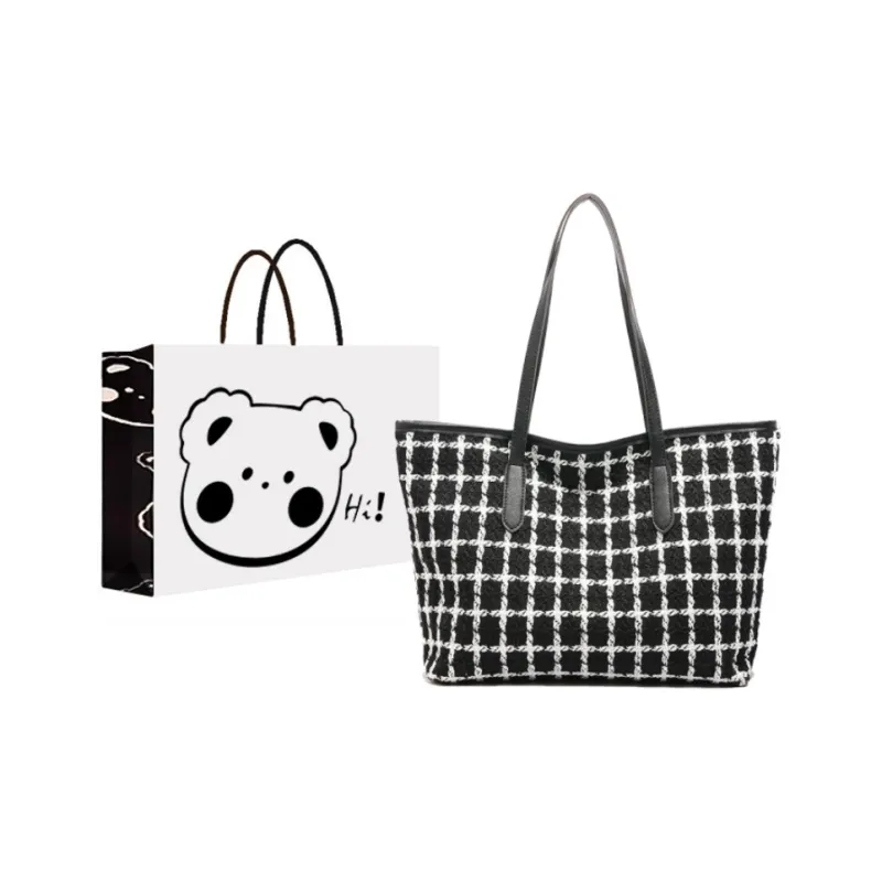 NX DOUGHNUT Knit Advanced Textured Plaid Color Blocking Tote Bag Shoulder Bag Women's White/Black-5