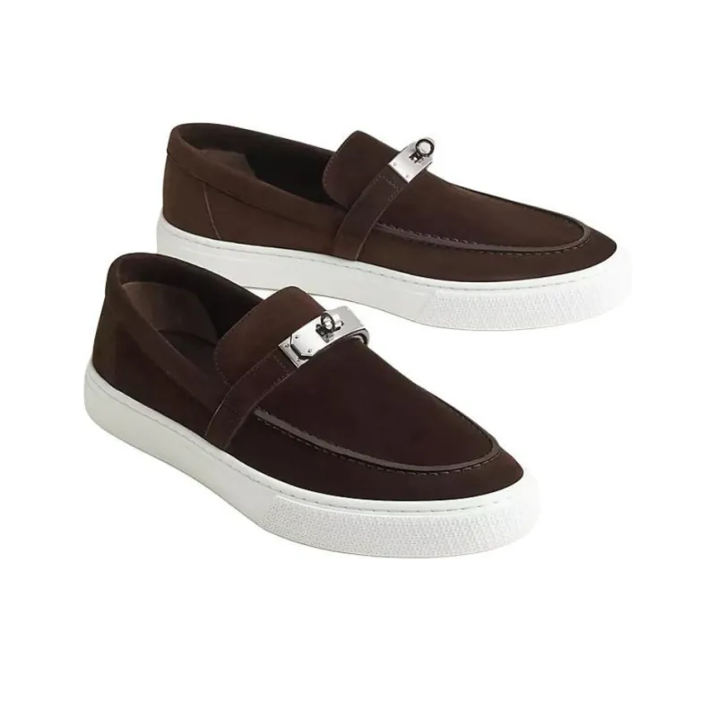 HERMES Game Loafers Men's Red Brown-1