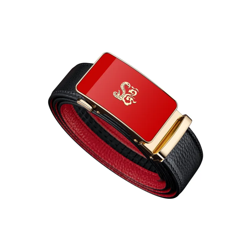 WilliamPOLO Cow Leather Leather Belts Men's Gold Tone Lock/Black Outer And Red Inner With Gunmetal Buckle Width  3.5cm-1