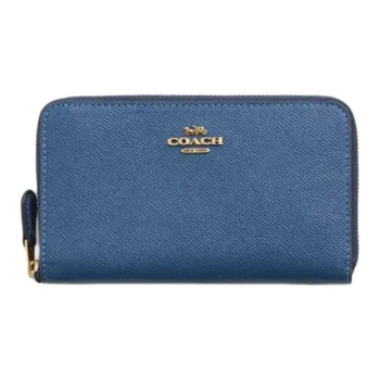 COACH Zip Around Cross-Stitch Leather Wallet Medium Size Unisex Blue