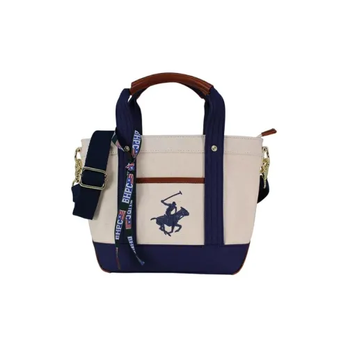 BEVERLY HILLS POLO CLUB Cotton Tote Bag Shopping Bag Shoulder Bag Handbag Extra Small Unisex Ivory & Marine Blue
