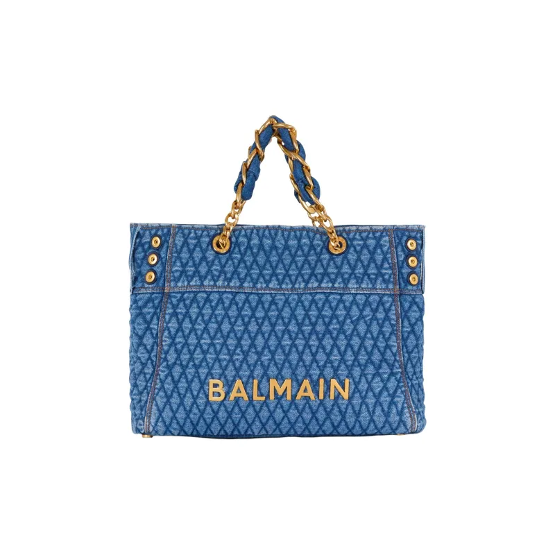 BALMAIN 1945 Cotton Tote Bag Shopping Bag Shoulder Bag Handbag Women's Blue-0