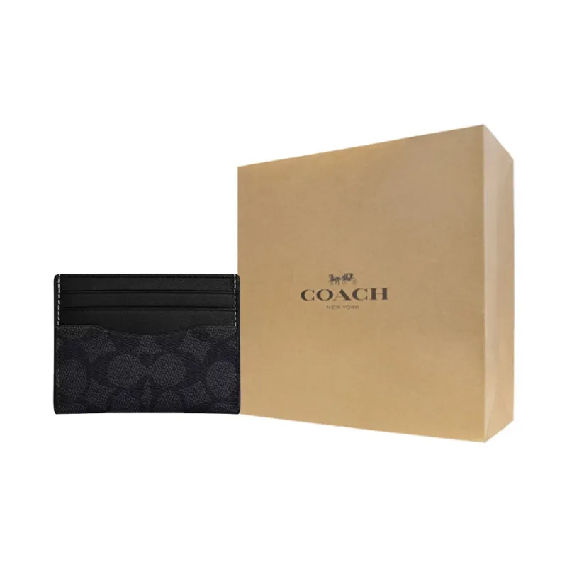 COACH Artificial Leather Patchwork With Fabric And Cow Leather Card Holder Mini Unisex Charcoal Black & Black-3