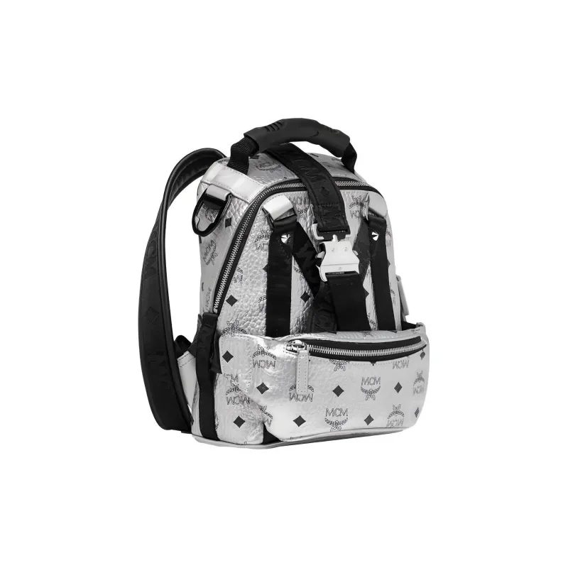 MCM Coated Canvas Backpack Regular Men's Silver-3