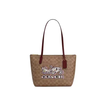 COACH Signature Coated Canvas Tote Bag Shopping Bag Handbag Shoulder Bag Medium Size Women's Tan