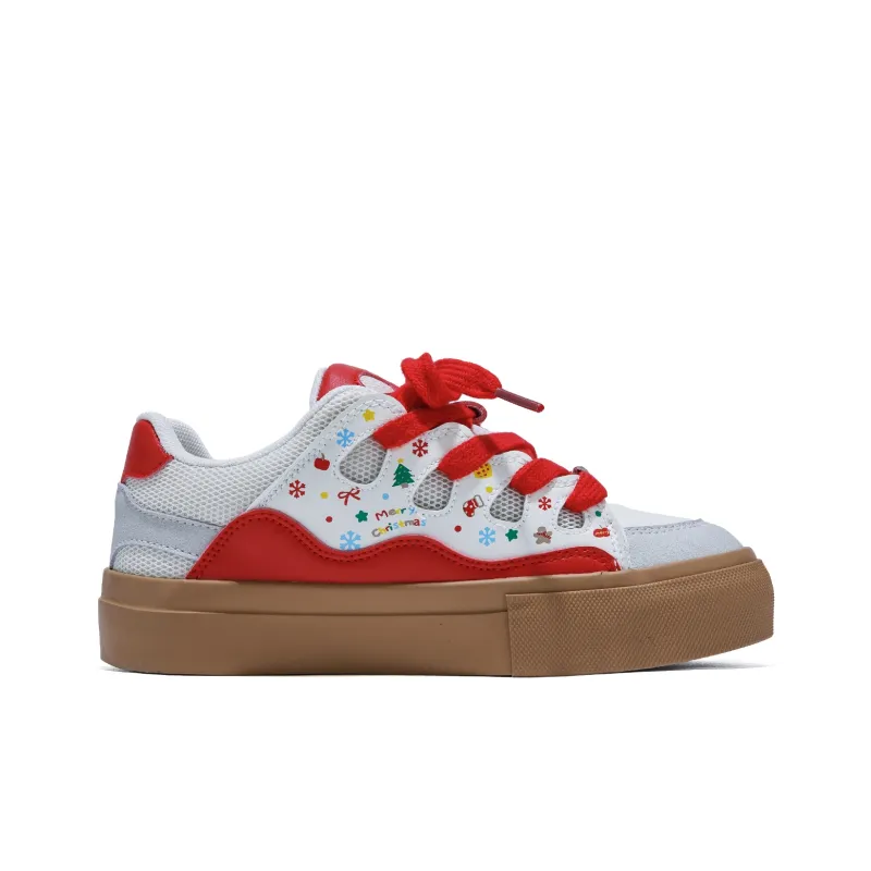 B10CROWN Anti Slip Wear Resistant Lightweight Breathable Low Top Skateboard Shoes Women's Christmas Red-1