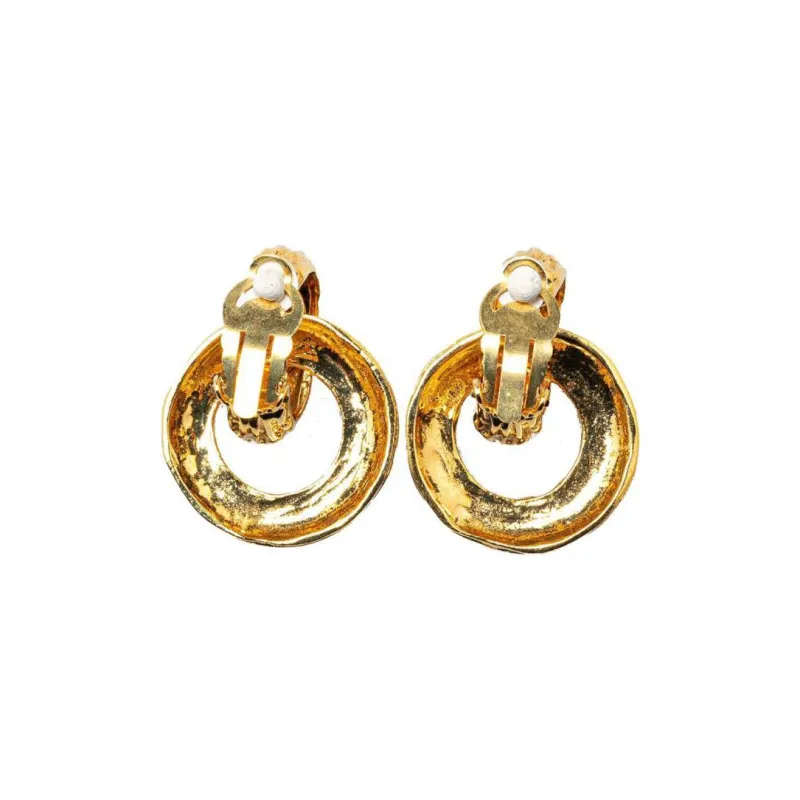 CHANEL 1993 Plated Logo Hoop Drop Clip On Costume Earrings-2