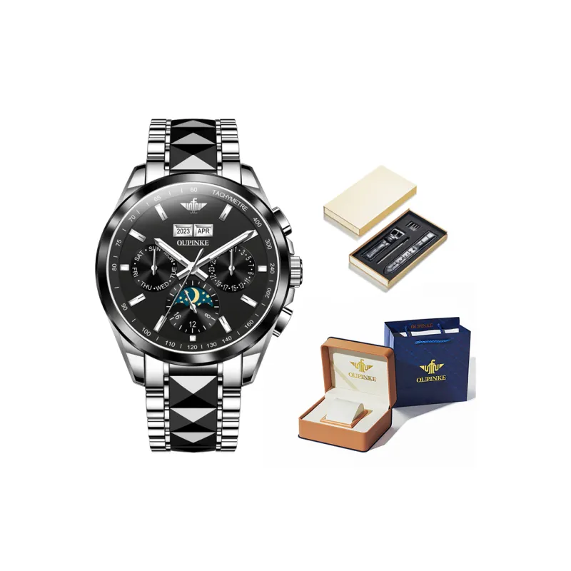 Oupinke Automatic Mechanical Movement Stainless Steel Watchband Watch Men's Watches Black Dial-0