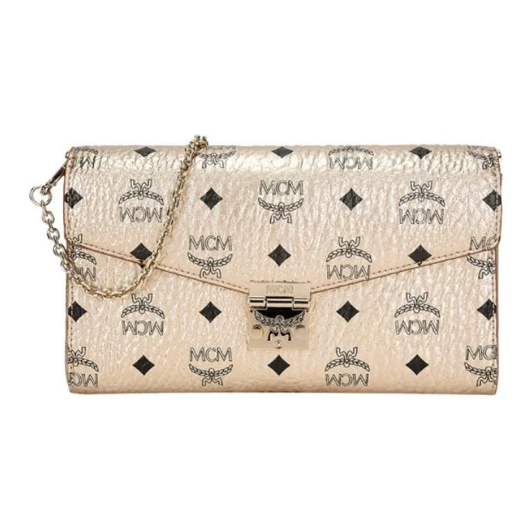 MCM Millie Visetos Leather One Shoulder Handbag, Crossbody Bag Small Size Women's Champagne Gold-1