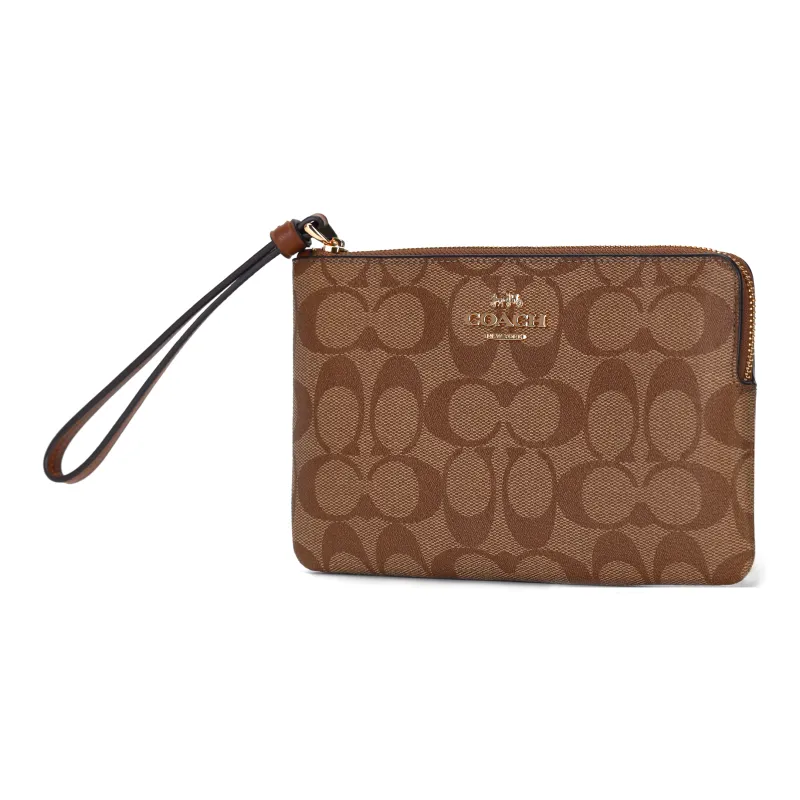 COACH Corner Zip Coated Canvas With Recycled Leather Clutches Wallets Small Size Women's Gold & Khaki-2
