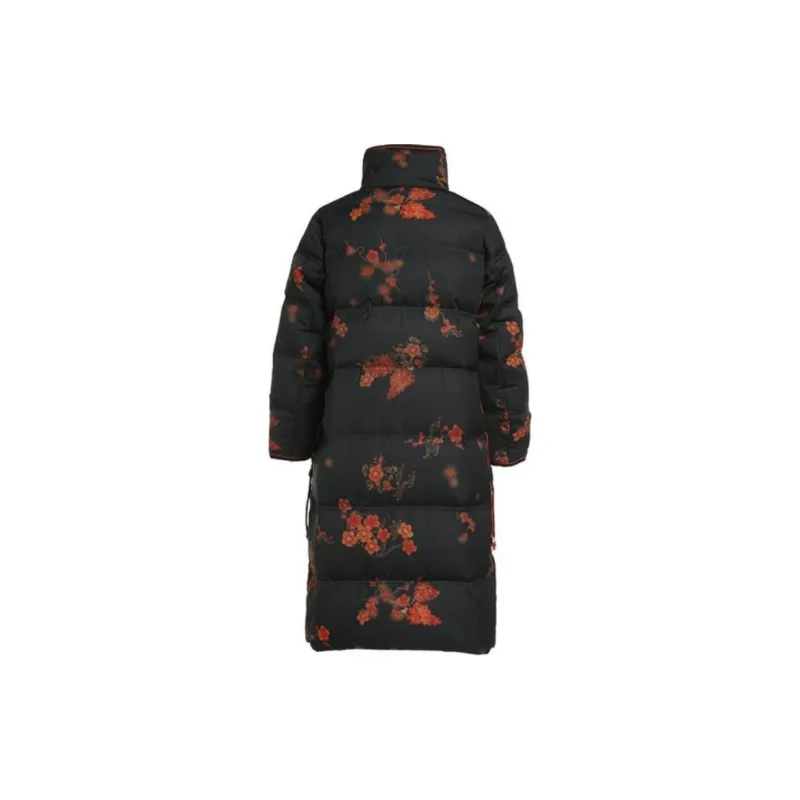 QIAOWANNI Down Jacket Women's Ink Black/Golden Chrysanthemum Pattern-1