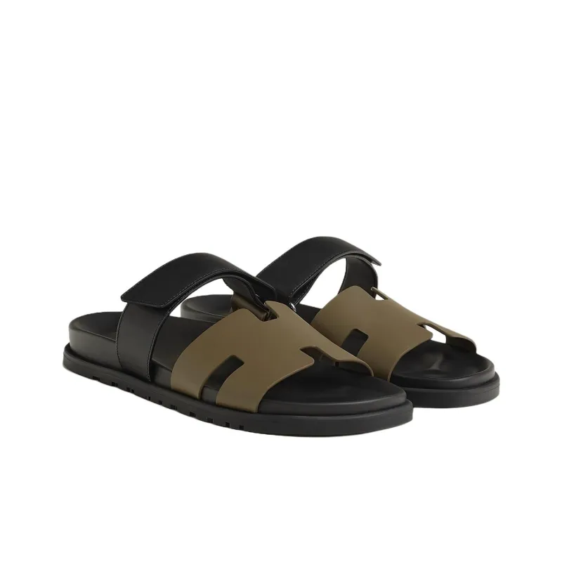 HERMES Chypre Slide Slippers Men's Black Umber-2