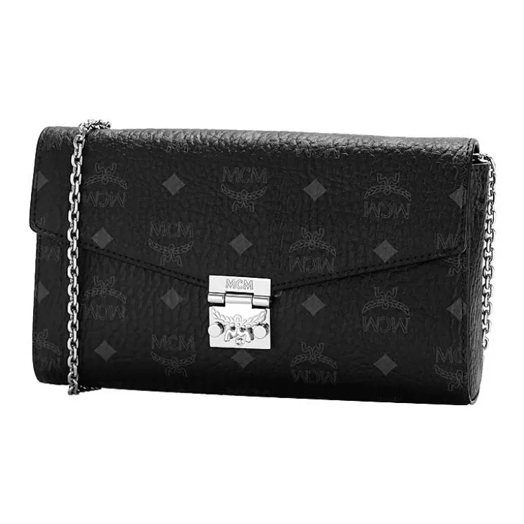 MCM Millie Visetos Coated Canvas Envelope Bag, Chain Shoulder Bag, Crossbody Bag Medium Size Women's Black-1