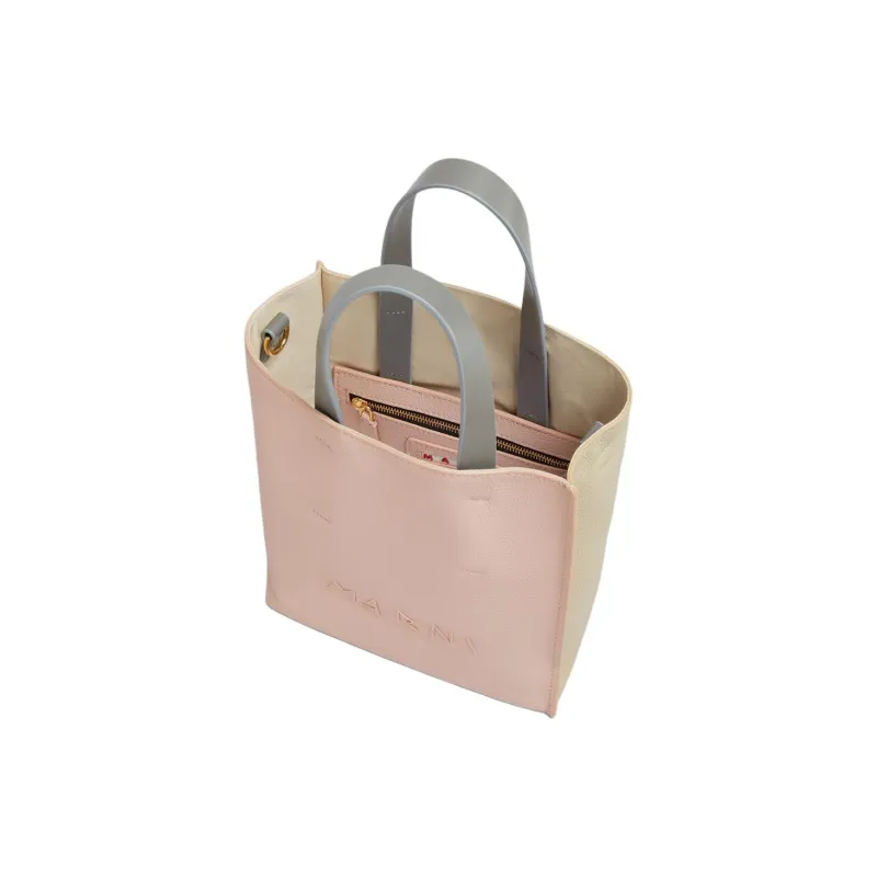 MARNI Museo Soft Calfskin Tote Bag Shopping Bag Handbag Mini Women's Light Pink With Beige Accents-3