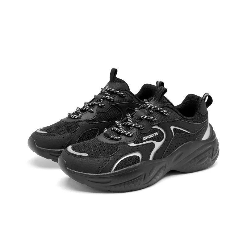 QIAODAN Wear Resistant Lightweight Height Increasing Low Top Casual Shoes Women's Black Silver-2