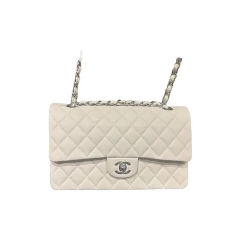 CHANEL Classic Flap CF Grain Calfskin Handbag, Shoulder Bag Women's White-0