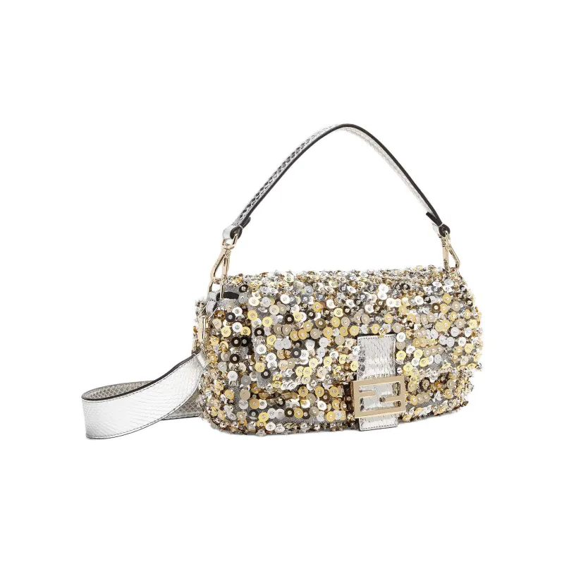 FENDI Baguette Polyester Shoulder Bag, Crossbody Bag, Handbag Medium Size Women's Silver-1