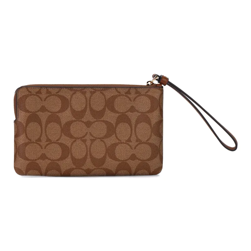 COACH Corner Zip Coated Canvas With Recycled Leather Clutches Wallets Small Size Women's Gold & Khaki-3