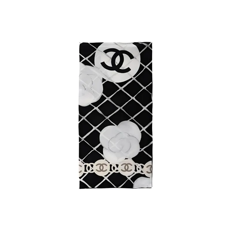 CHANEL Silk Silk Scarves Women's Black White-1