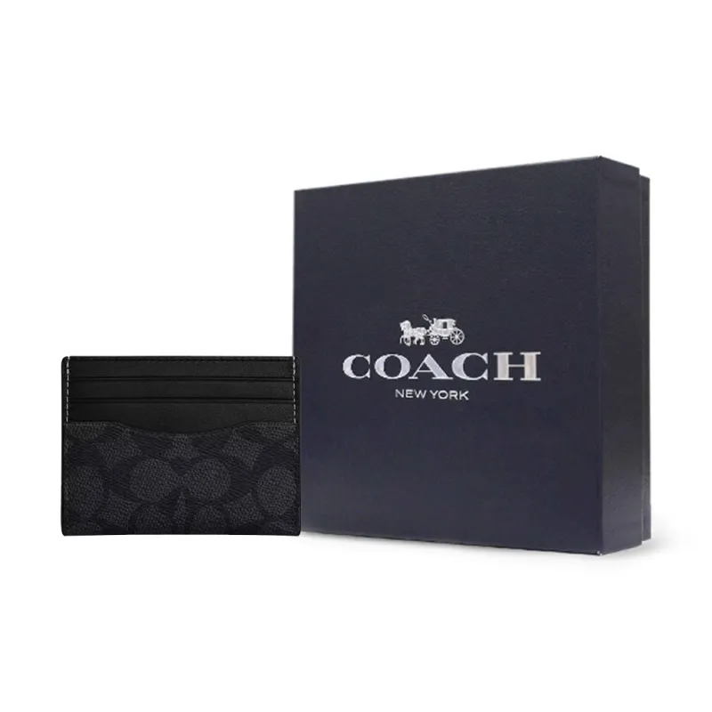 COACH Artificial Leather Patchwork With Fabric And Cow Leather Card Holder Mini Unisex Charcoal Black & Black-4