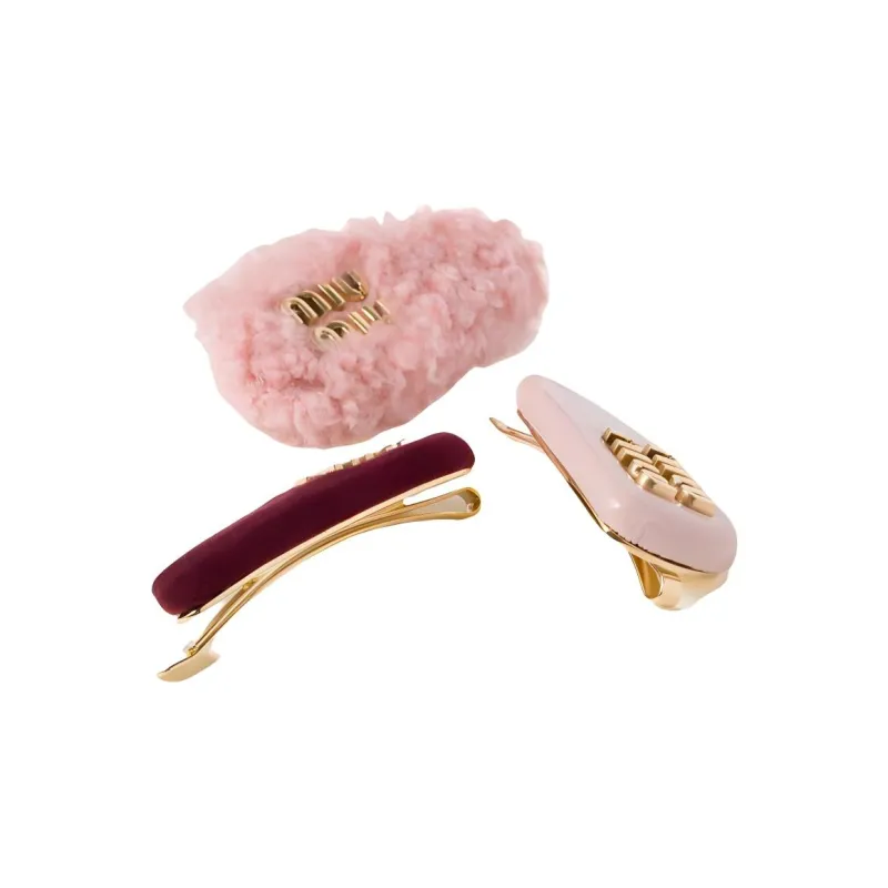 MIU MIU Suede Leather Hair Clips Women's Red-2