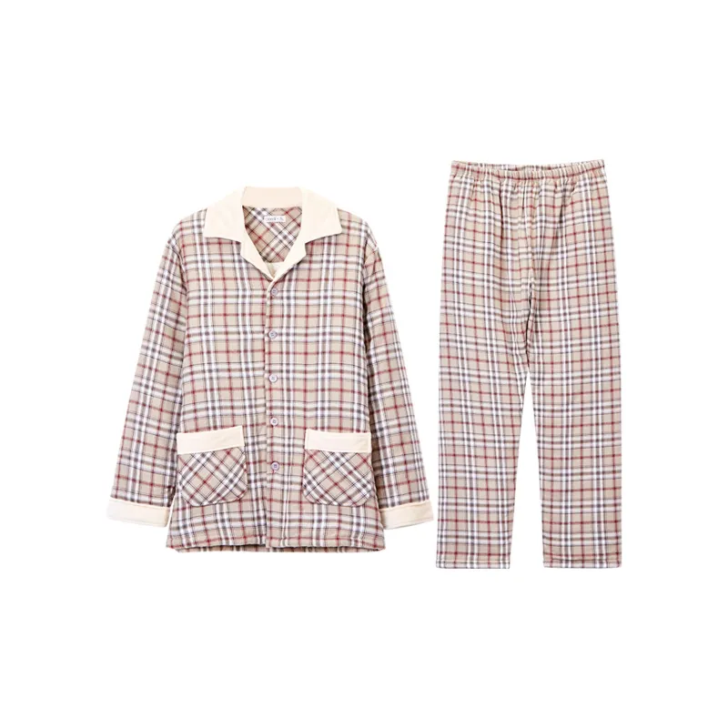 DAERLI Lapel Plaid Cardigan Loungewear Set For Fall And Winter Men's Gray Apricot-0