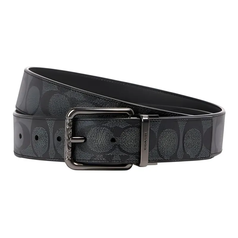 COACH PU Artificial Leather Leather Belts Men's Black Gray Color Width 3.6cm-0