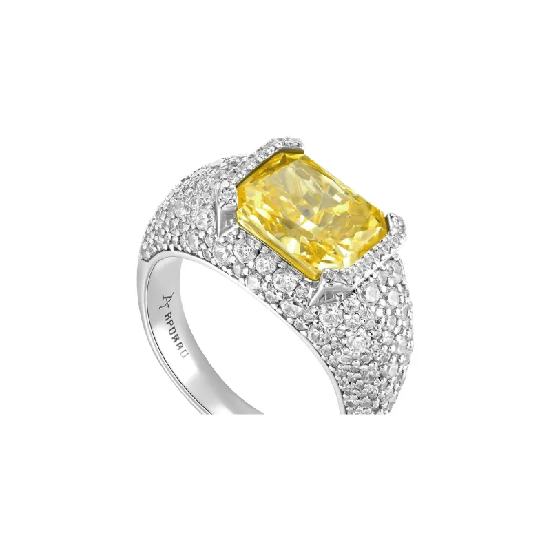 APORRO Octagonal Main Stone Fully Set With Large And Small Diamonds Rings Unisex 18K White Gold Plated-13
