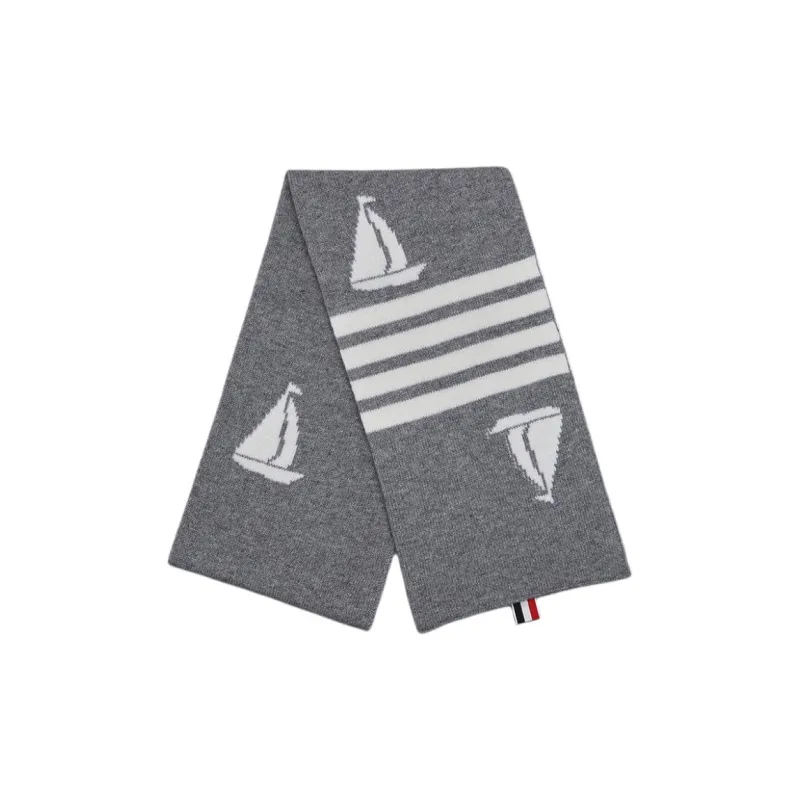 THOM BROWNE· Sheep Wool, Merino Wool Knit Scarves Unisex Gray-1