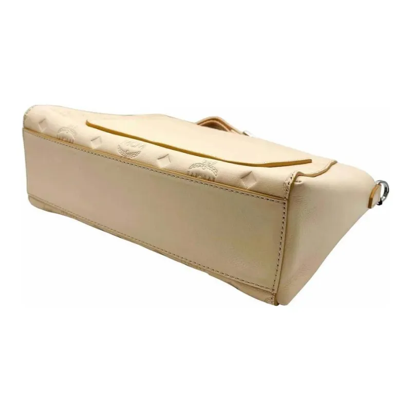MCM Leather Tote Bag Shopping Bag Shoulder Bags Small Size Women's Beige-4