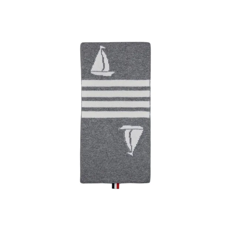 THOM BROWNE· Sheep Wool, Merino Wool Knit Scarves Unisex Gray-0