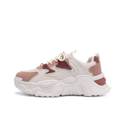 HUANQIU Breathable Height Increasing Low Top Chunky Sneakers Women's Beige Red