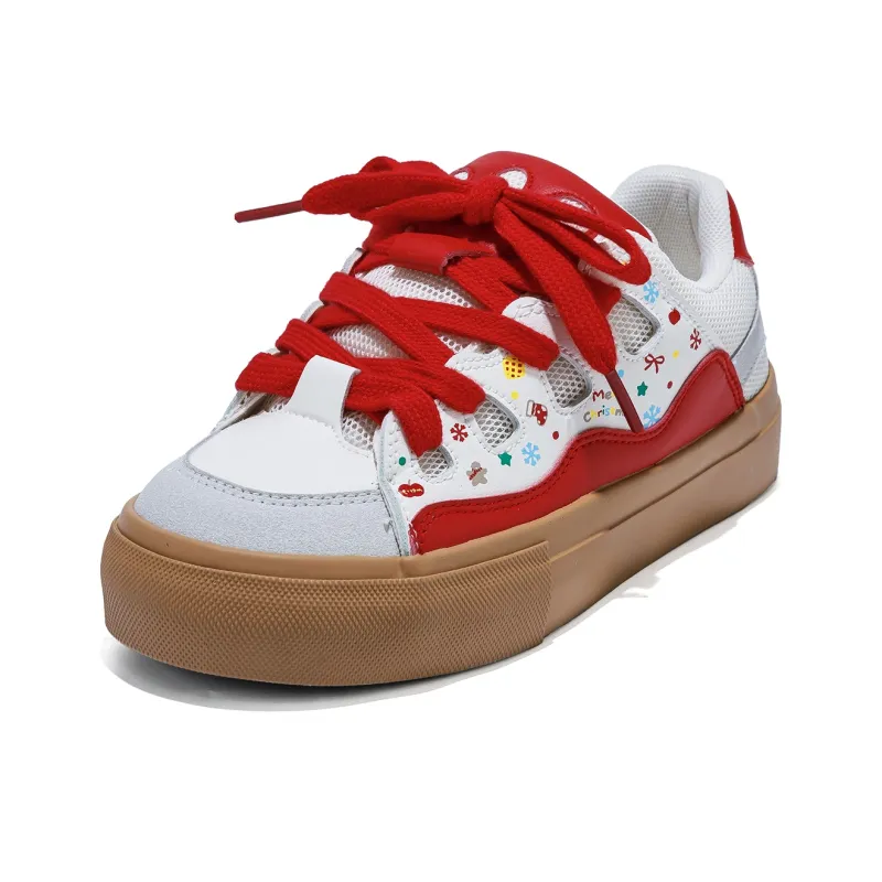 B10CROWN Anti Slip Wear Resistant Lightweight Breathable Low Top Skateboard Shoes Women's Christmas Red-2