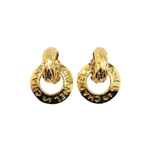 CHANEL 1993 Plated Logo Hoop Drop Clip On Costume Earrings