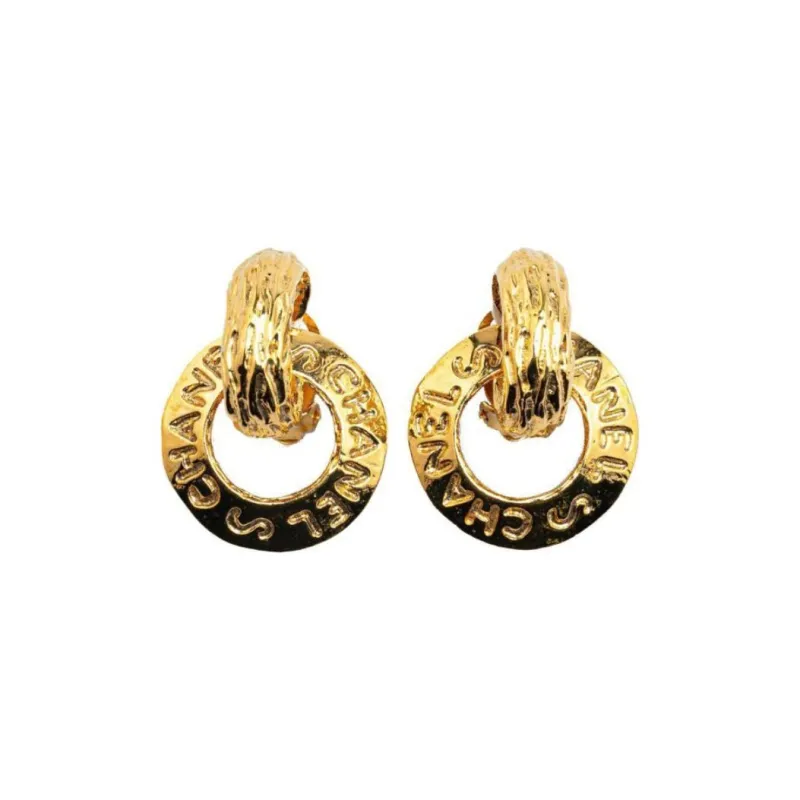CHANEL 1993 Plated Logo Hoop Drop Clip On Costume Earrings-0