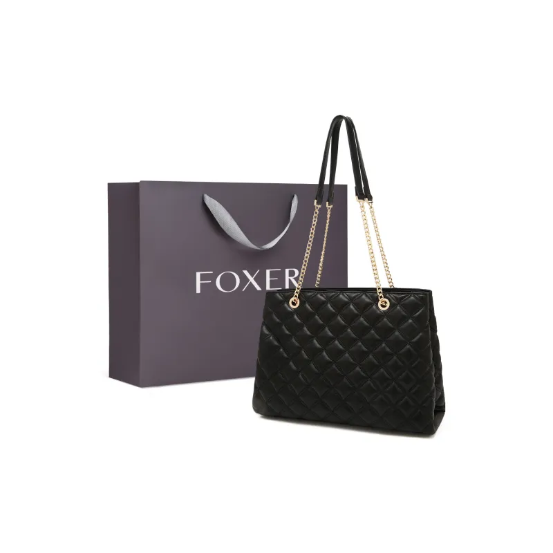 FOXER Cow Leather Zippered Tote Bag Shoulder Bag Regular Women's Black-4