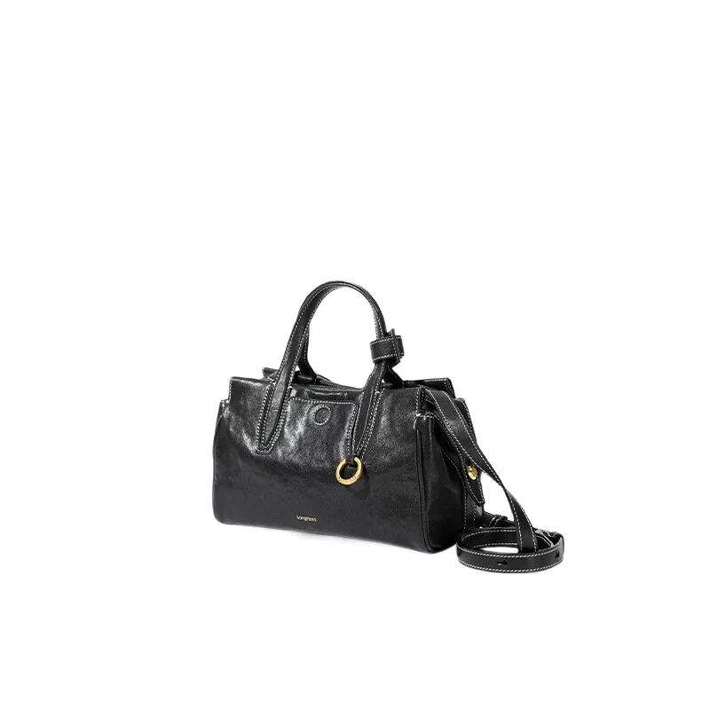 Songmont Vegetable Tanned Cow Leather Crossbody Boston Handbag Mini Unisex Sandalwood Brown/Smoky Ink Black-2