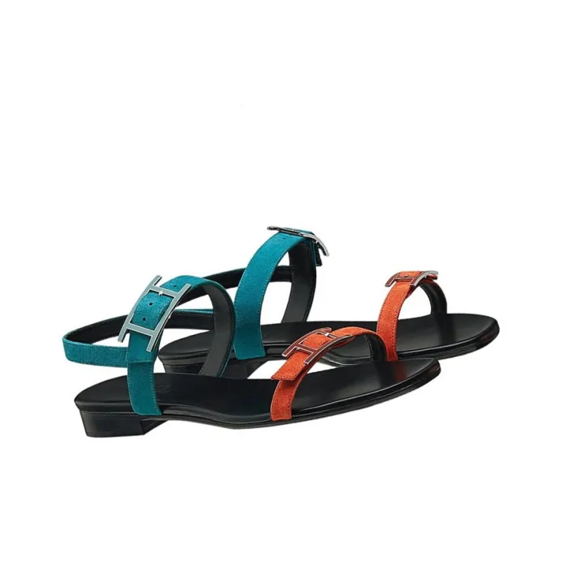 HERMES Cristal Strap Sandals Women's Velour Blue-2