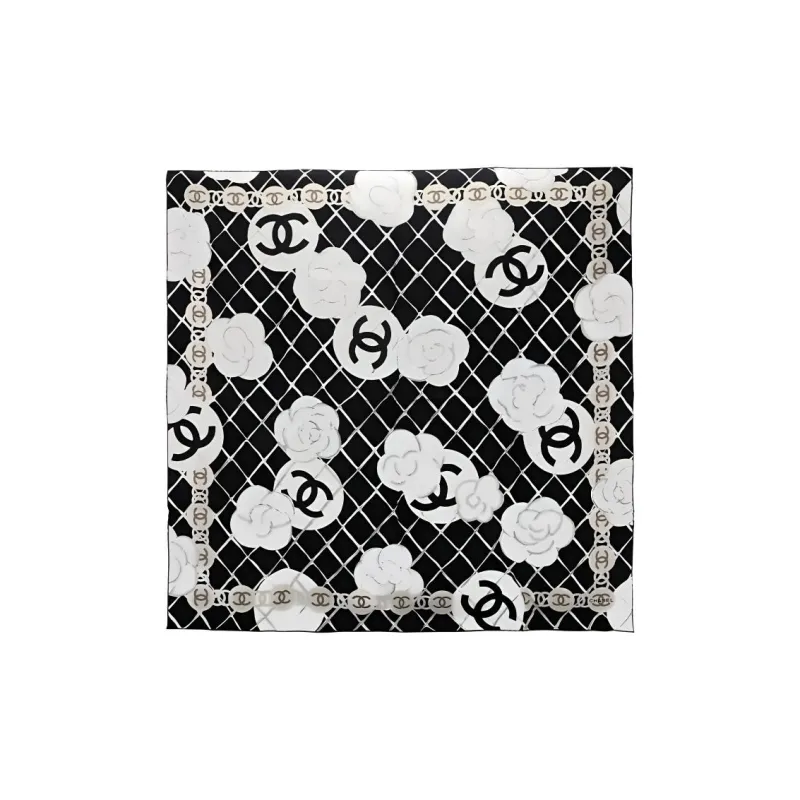 CHANEL Silk Silk Scarves Women's Black White-0