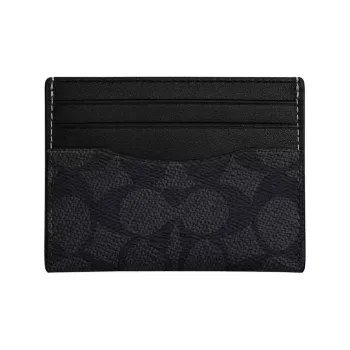 COACH Artificial Leather Patchwork With Fabric And Cow Leather Card Holder Mini Unisex Charcoal Black & Black