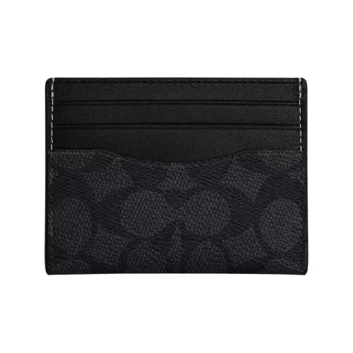 COACH Artificial Leather Patchwork With Fabric And Cow Leather Card Holder Mini Unisex Charcoal Black 
Black